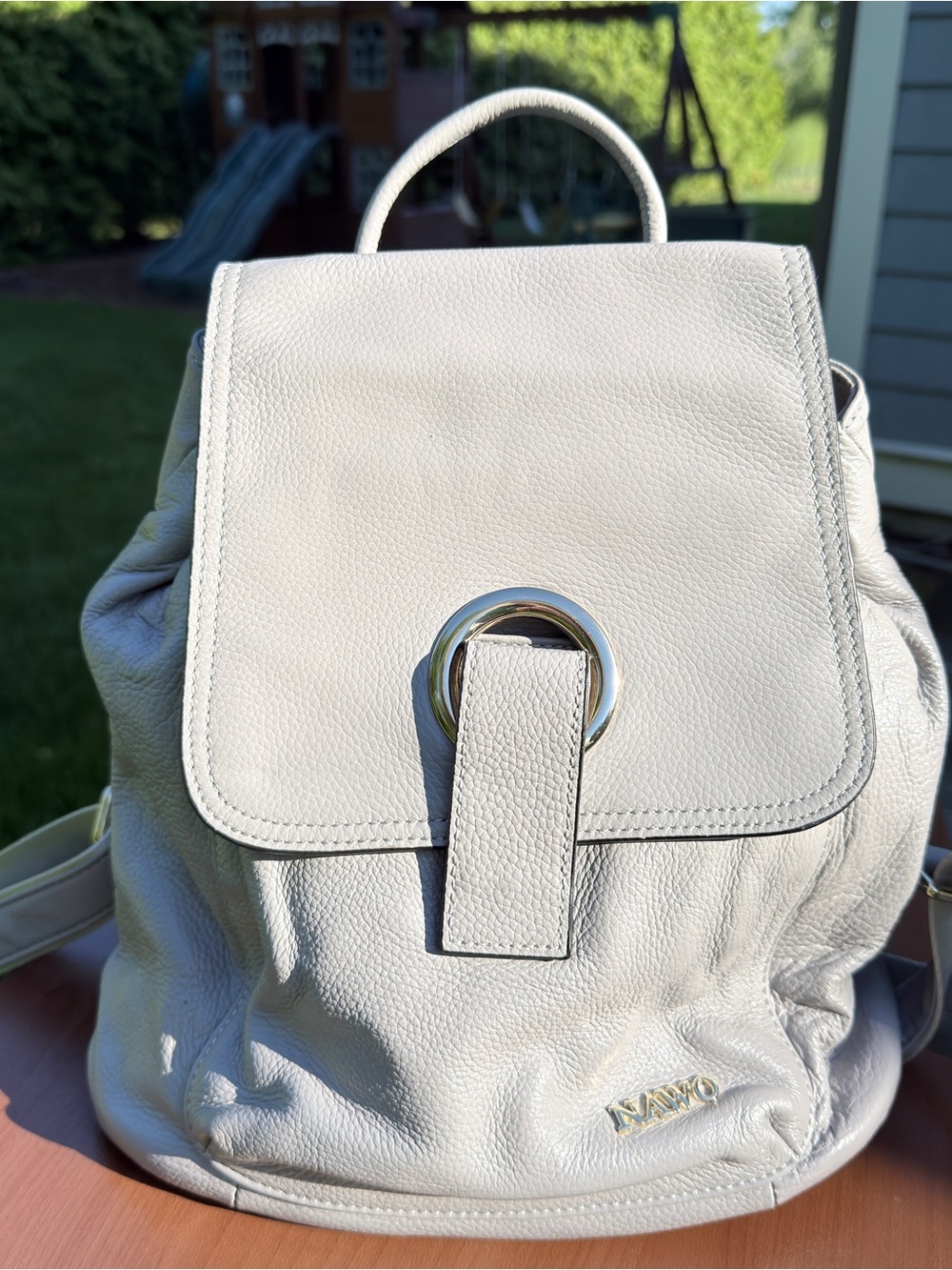 NOWA Light Gray Pebbled Leather Backpack with Silver Ring